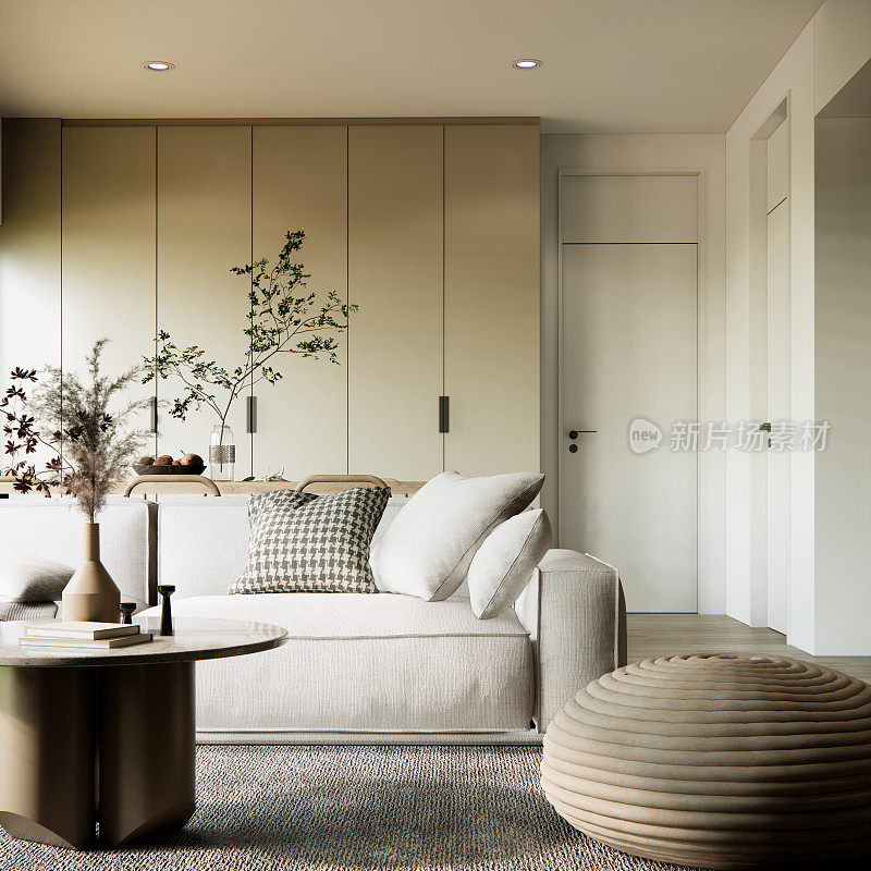 现代风格的室内客厅设计和装饰以土色和米色家具和墙布沙发，圆茶几。3 d渲染。